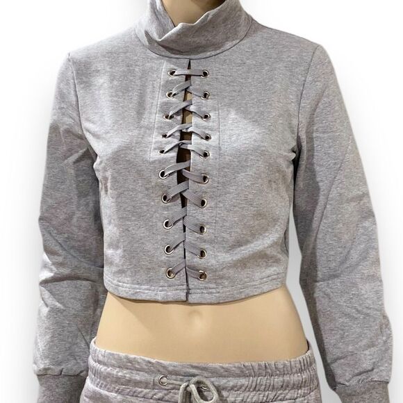 Gray Mock Neck Long Sleeve Lace Up Sweatshirt Cropped Top NEW - Picture 1 of 4